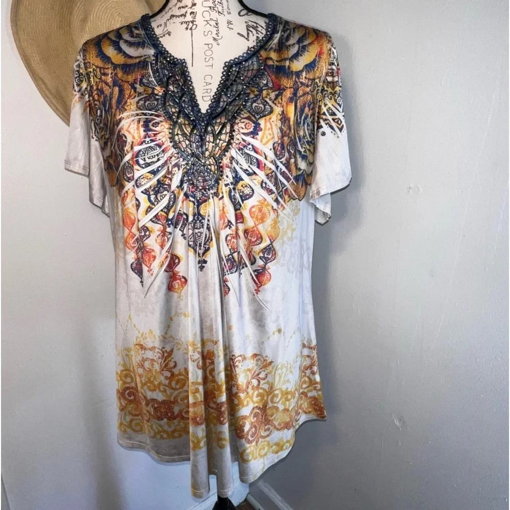 Signature Studio, 1X, embroidered jeweled, gathered yolk w/novelty print tunic